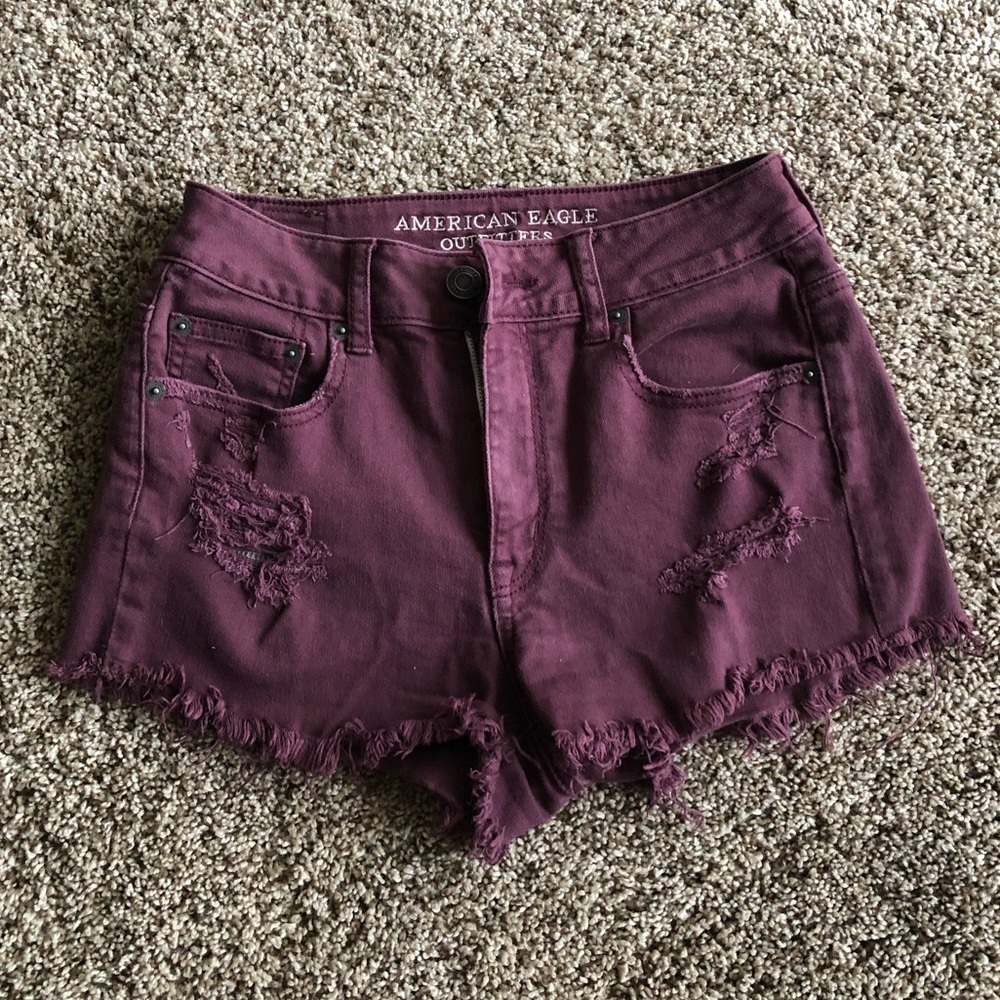 Maroon High Rise Denim Shorts